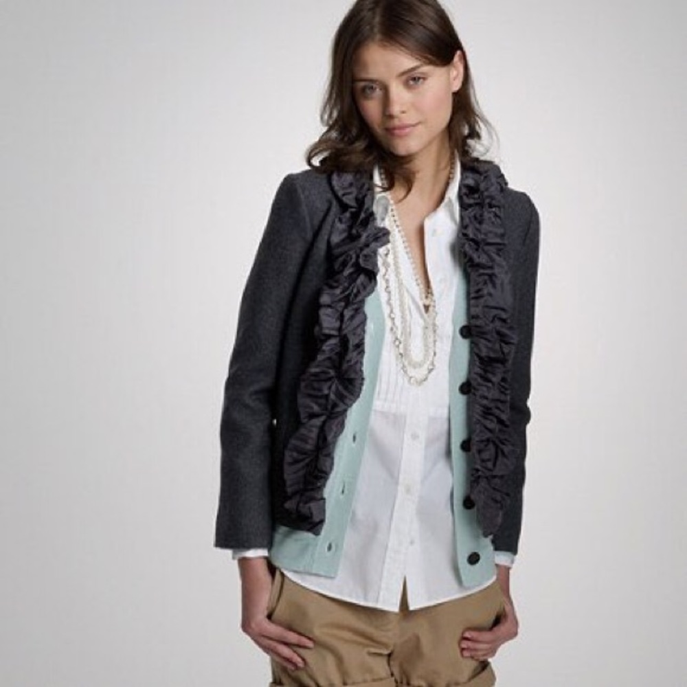 J.Crew Chimera Silk Ruffle Wool Blazer—Charcoal
